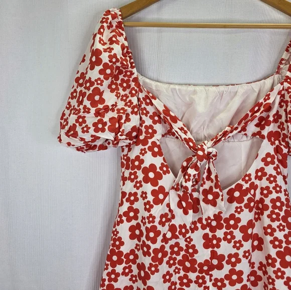 Nwt Glamorous Women's Red Mini Dresses Tie Puff Sleeve Floral Mini Dress Size 12 - Picture 12 of 16